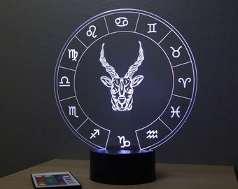 Lampe de chevet personnalisable veilleuse illusion 3D Astrologie Capricorne 16 couleurs & télécommande