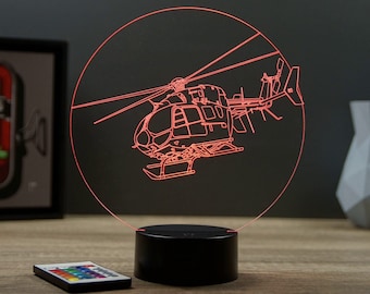 Lampe 3D Hélicoptère EC145 personnalisable - Veilleuse hélico LED - Cadeau Passionné Aéro- Déco Garage Vintage