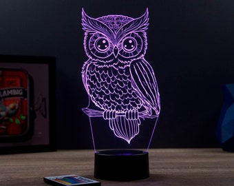 Lampe de chevet personnalisable veilleuse illusion 3D Chouette - 16 couleurs & télécommande