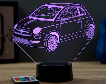 Lampe de chevet personnalisable veilleuse illusion 3D Fiat 500 - 16 couleurs & télécommande