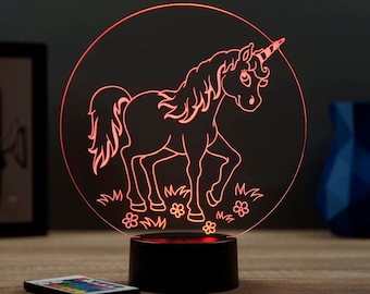 Lampe de chevet personnalisable veilleuse illusion 3D Licorne et fleurs personnalisable - 16 couleurs & télécommande