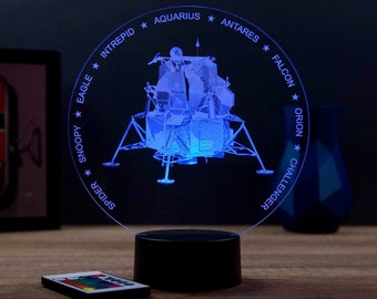Lampe de chevet personnalisable veilleuse illusion 3D Module lunaire Apollo LEM 16 couleurs & télécommande
