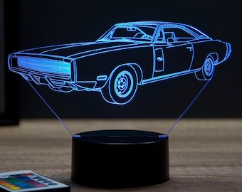 Lampe de chevet personnalisable veilleuse illusion 3D Dodge Charger 1970 - 16 couleurs & télécommande