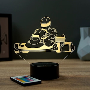 Lampe Illusion 3D Karting personalizável – Veilleuse LED 16Couleurs, Cadeau Sport Mécanique, Gravure Prénom, Made in France Offre Spéciale