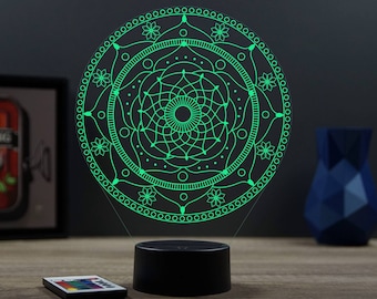 Lampe de chevet personnalisable veilleuse illusion 3D Mandala 16 couleurs & télécommande