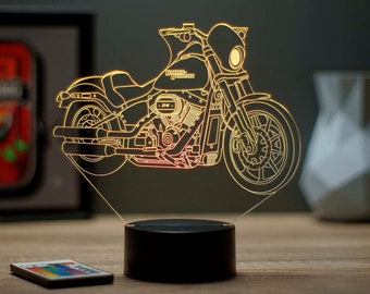 Lampe 3D Harley Fat Bob personnalisable - Veilleuse lotos LED - Cadeau Passionné biker- Déco Garage Vintage