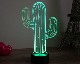 Lampe de chevet veilleuse illusion 3D Cactus 16 couleurs & télécommande