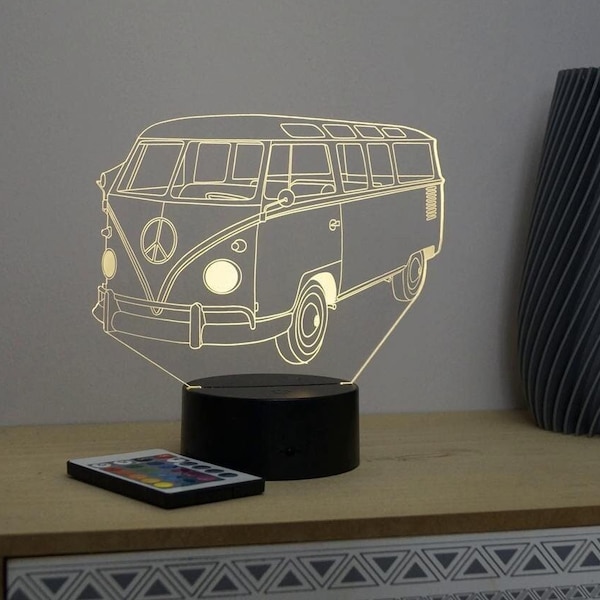 Lampe de chevet personalisierbar veilleuse Illusion 3D Kombi VW 16 Couleurs & télécommande