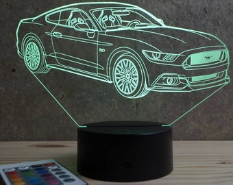 Lampe de chevet personnalisable veilleuse illusion 3D Mustang GT 2016 - 16 couleurs & télécommande