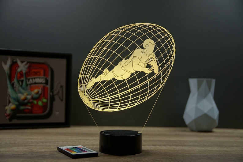 Lampe de chevet personnalisable veilleuse illusion 3D Ballon de Rugby Essai 16 couleurs & télécommande image 1