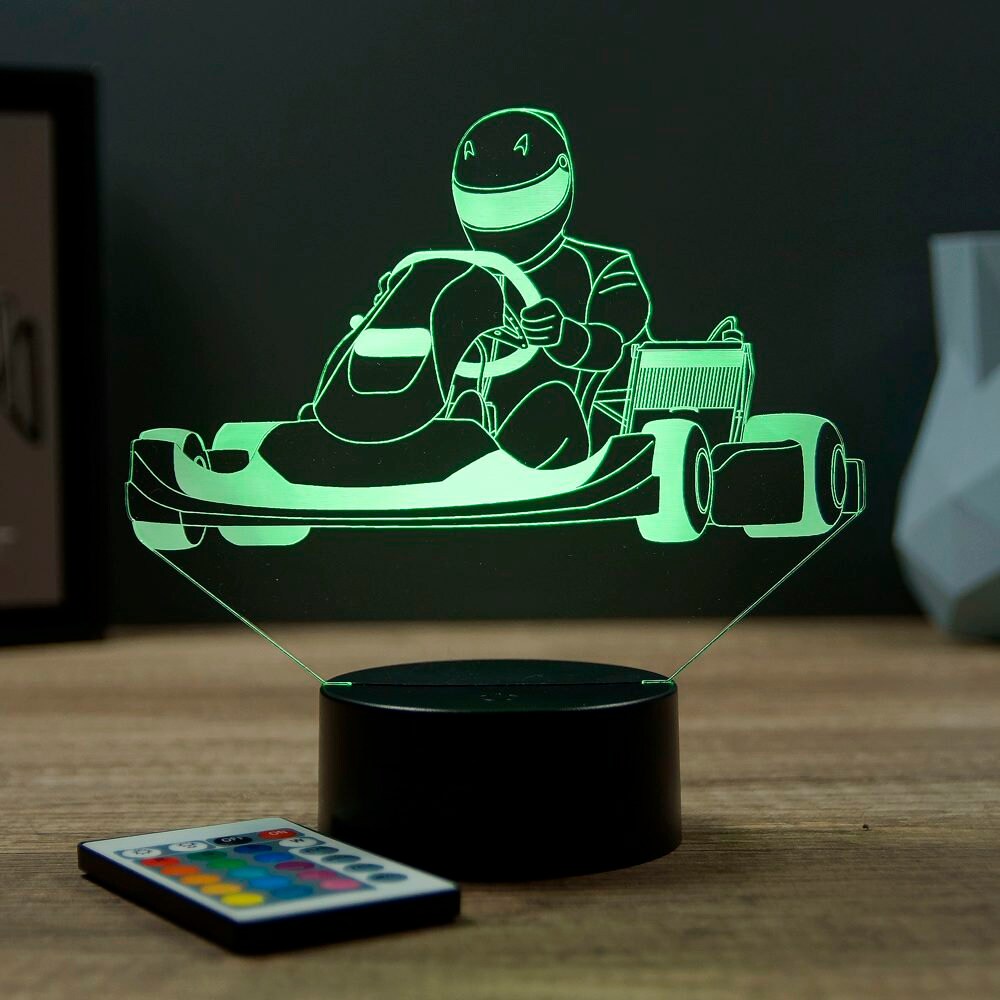 Lampe 3D Personnalisable Karting - 16 Couleurs, Veilleuse Avec Nom Ou Message - Fabriquée En France, Idée Cadeau Sport