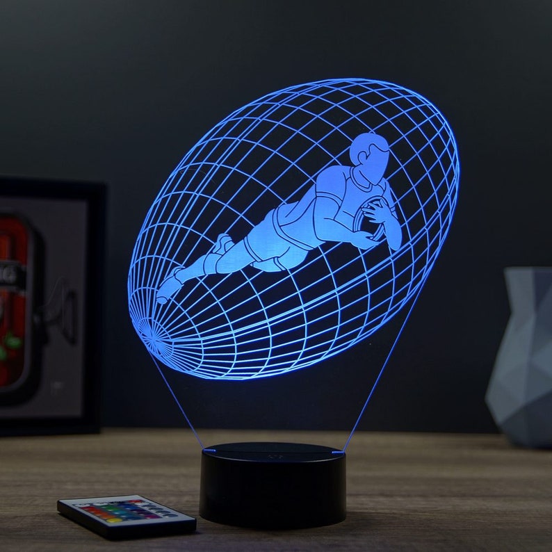 Lampe de chevet personnalisable veilleuse illusion 3D Ballon de Rugby Essai 16 couleurs & télécommande image 8