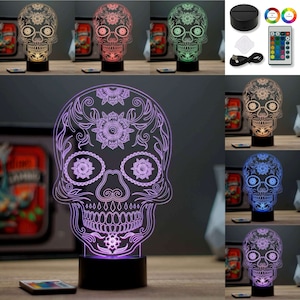 Lampe de chevet veilleuse illusion 3D Tête de Mort Mexicaine 16 couleurs & télécommande