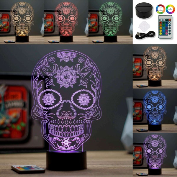 Lampe de chevet veilleuse illusion 3D Tête de Mort Mexicaine 16 couleurs & télécommande