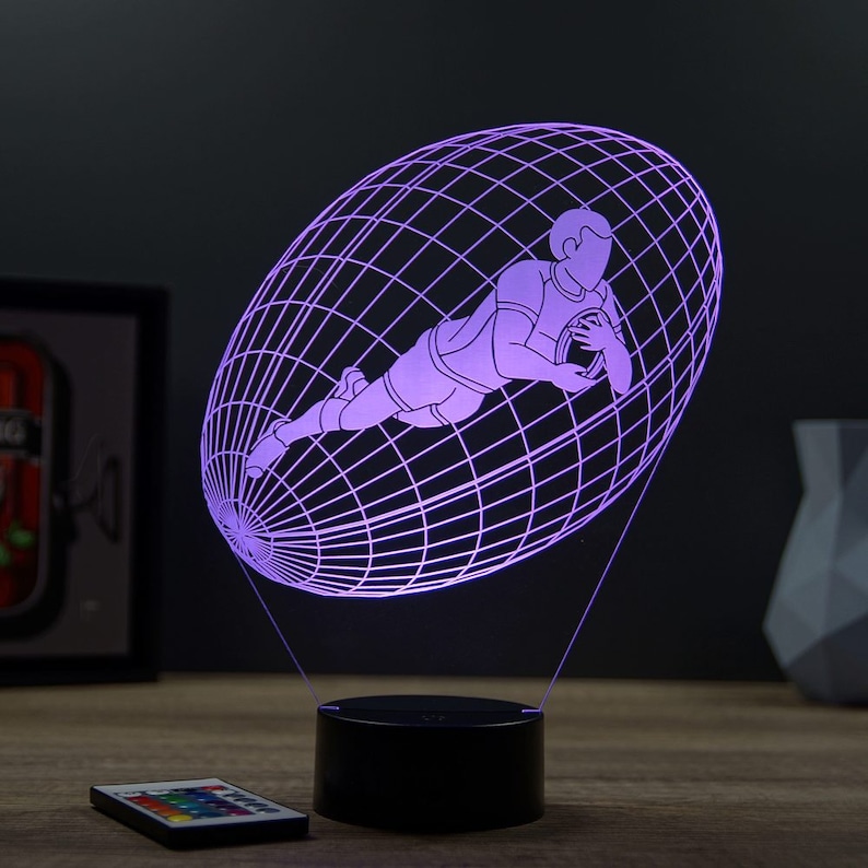 Lampe de chevet personnalisable veilleuse illusion 3D Ballon de Rugby Essai 16 couleurs & télécommande image 4