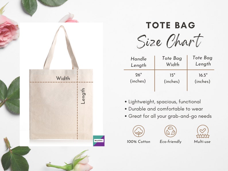 May include: A beige tote bag with a 26 inch handle, 15 inch width, and 16.5 inch length. The bag is made of 100% cotton and is eco-friendly and multi-use.
