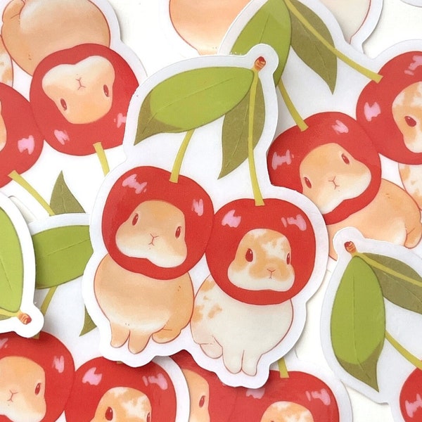 Cherry Bunnies Sticker, Clear Vinyl Sticker, Waterproof