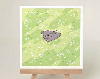 Holland hangoor konijn kunstprint, lente bloemenveld (4 x 4 inch)