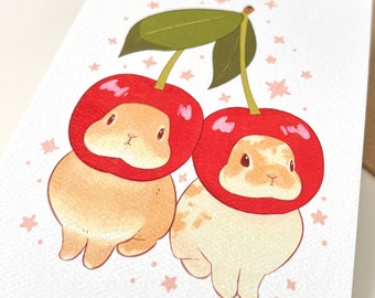 Cherry Bunny 4 x 6 Art Print, Kawaii Rabbit Illustration