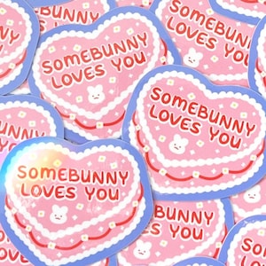 Some Bunny Loves You Cake Sticker, Waterproof Glossy Vinyl Sticker, Heart Cake