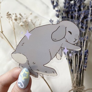 Sleepy Bunny Transparent Sticker, Clear Vinyl Sticker with Stars | Lop Rabbit Flopped | Waterproof