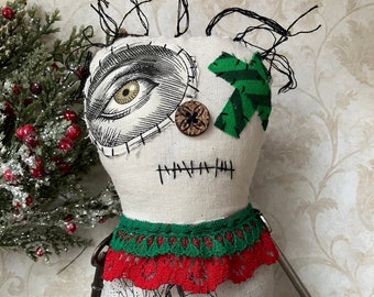 Scrappy Christmas art doll-Snowman print holiday doll-primitive monster-unique gift-ready to ship