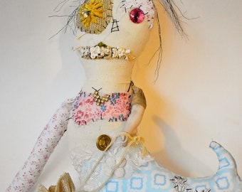 Mermaid Doll "Shipwrecked Scrappies" -Seaweed Sally-Ocean decor-One of a kind Art doll with vintage pieces