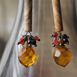 Beaded Amber earrings-Tribal style hook earrings-Amber colored earring set-Woman&#39;s Jewelry-Unique earring set-Fancy Costume Jewelry-