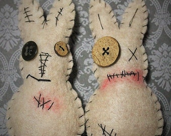 Zombie Easter bunnies-Voodoo rabbits-Handmade felt easter bunnies-Ugly bunnies-Primitive easter rabbits-Grungy bunnies-Bunny ornaments