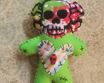 Skulls and crossbones voodoo style doll-neon green-handmade art doll-halloween gothic decor