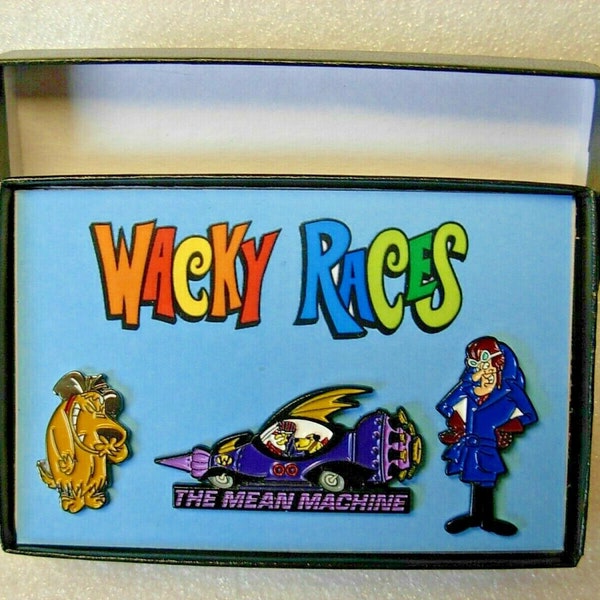 Wacky Races pin badge Box set. Dick Dastardly. Muttley. Mean Machine. Metal. Presentation box. Ideal gift