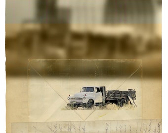 Letter from The Field, sepia archival pigment print with of truck, ephemera, collage, handwriting