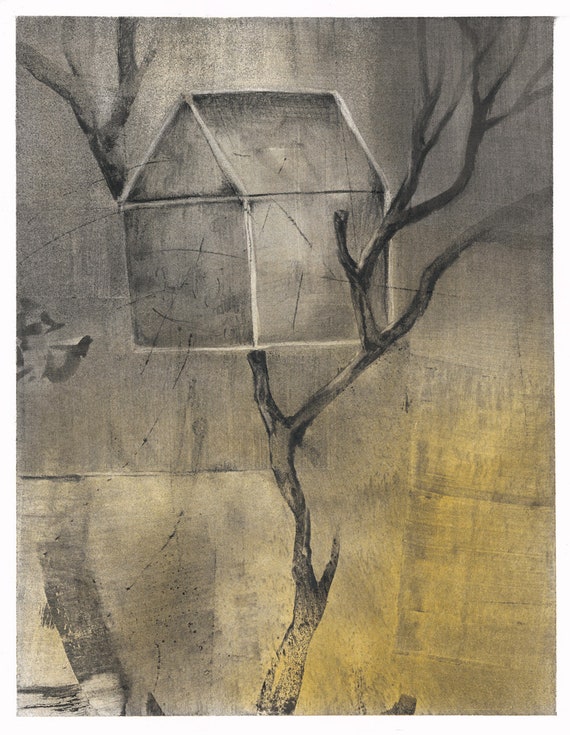 Tree House Charcoal Drawing With Powdered Pigment Etsy