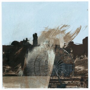 The Wheel at Dusk, unique transfer print of the Seattle skyline