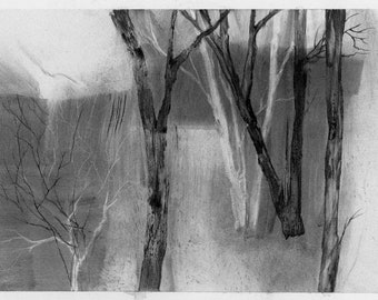 Along the Bank, remembered landscape, charcoal drawing, black and white