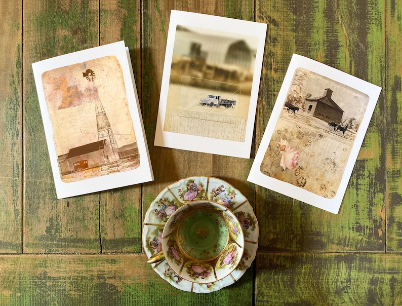 Elusionary Landscapes Retro rural landscape greeting cards, Frameable as Mini Prints, vintage ephemera, farm landscape image 1