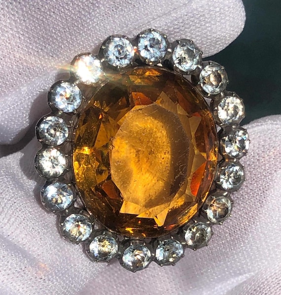 Georgian Gold and Silver Big Natural Citrine Brooch