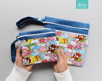 BLUE HK & FRIENDS - ハンドメイド多目的ウェットドライバッグ、布パッドラッパー、トラベルバッグ、防水メイクアップポーチ、ダブルポケットウェットバッグ