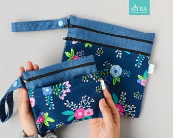 BLUE FLORA - Wet Dry Bag, Wet Bag for Cloth Pad, Mini wet bag, Double Pocket Wet Bag