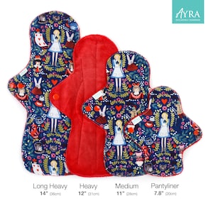May include: Four reusable cloth menstrual pads in different sizes, featuring a whimsical Alice in Wonderland print with red, blue, and green colours. The pads are labelled "Long Heavy 14" (36cm)", "Heavy 12" (31cm)", "Medium 11" (28cm)", and "Pantyliner 7.8" (20cm)".