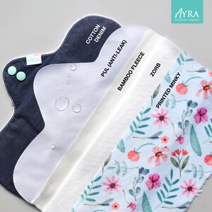 Puede incluir: Anatom&iacute;a de una compresa menstrual reutilizable, mostrando capas de Cotton Denim, PUL (Anti-fugas), Bamboo Fleece, Zorb y Printed Minky. La compresa es de mezclilla azul con broches verde menta. La capa Printed Minky tiene un estampado floral. La marca "AYRA" es visible.