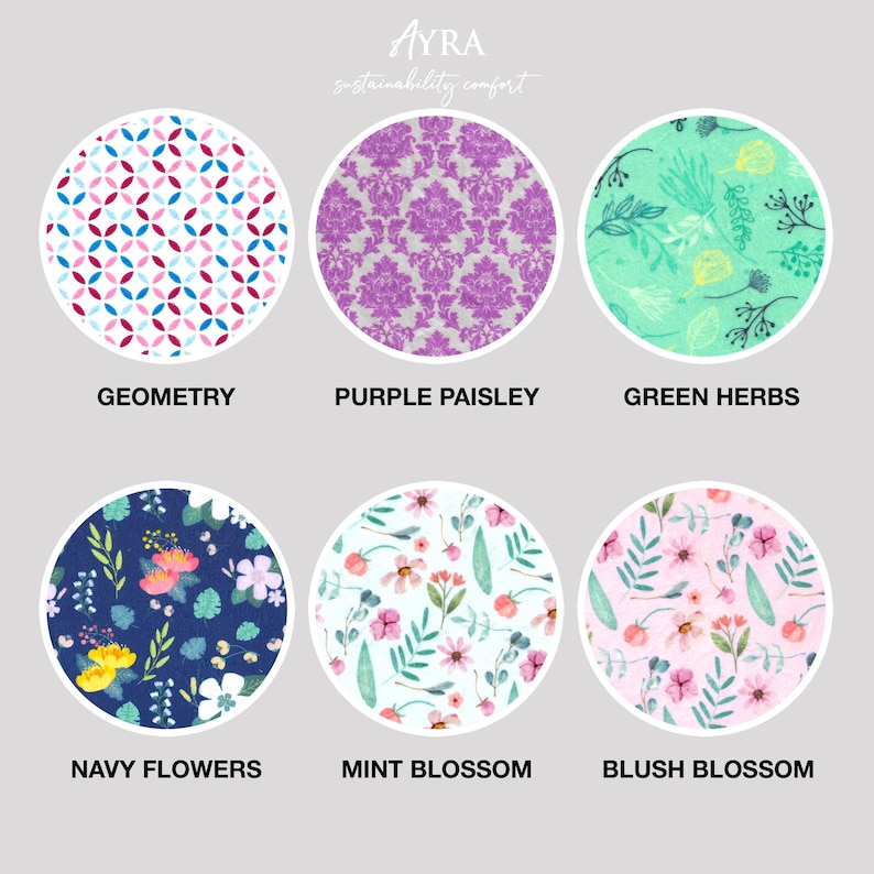 Puede incluir: Imagen que muestra seis dise&ntilde;os de tela en marcos circulares. Los patrones son: Geometr&iacute;a, Paisley morado, Hierbas verdes, Flores azul marino, Flor de menta y Flor de rubor. El logotipo de Ayra y las palabras "sustainability comfort" est&aacute;n en la parte superior.