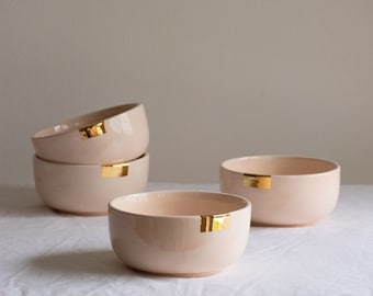 Peach Pink and Gold Bowl, Golden Ceramics, Luxurious modern handmade gift