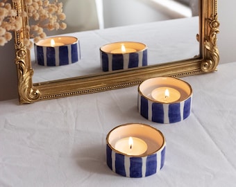 Striped Cobalt Blue Tea light holder with Gold Rim SET of TWO, Golden Ceramics, Luxurious Handmade Gift