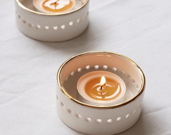 Handmade Ceramic Tea Light Holder Set, White and Gold Rim