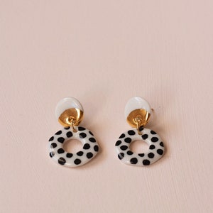 Polka dots Ceramic Earrings, Ceramic gold hoop earrings, Contemporary Earrings, Luxurious modern handmade gift, Stripes Earrings