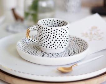 Polka Dots and Gold Coffee Set, Golden Ceramics, Luxueux cadeau fait main moderne