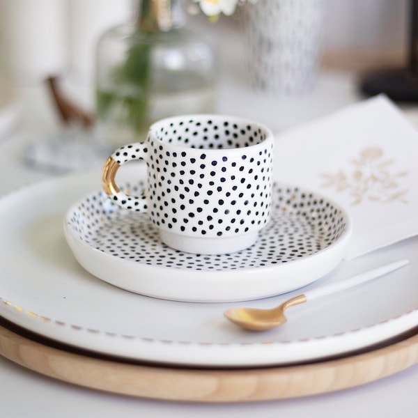 Polka Dots and Gold Coffee Set, Golden Ceramics, Luxurious modern handmade gift