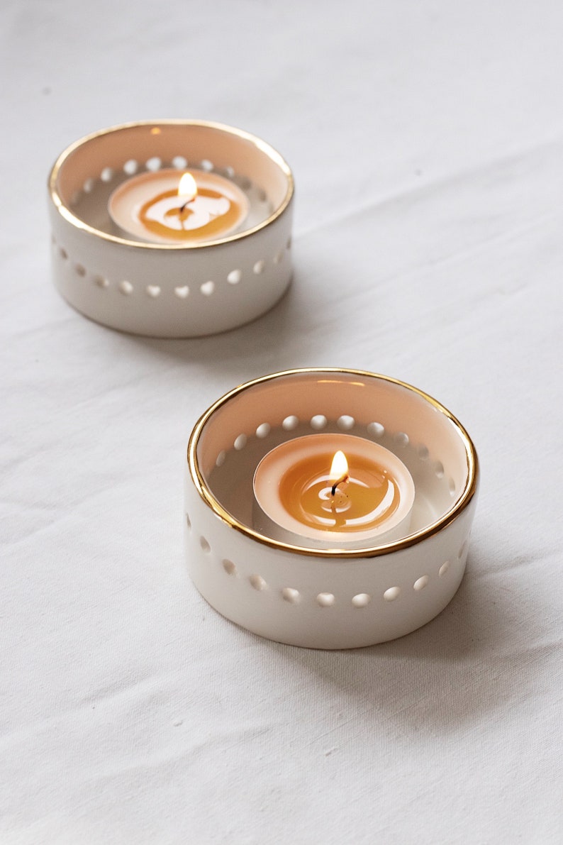 White and Gold Ceramic Tea light holder with Gold Rim, SET of TWO, Golden Ceramics, Luxurious Handmade Gift image 3