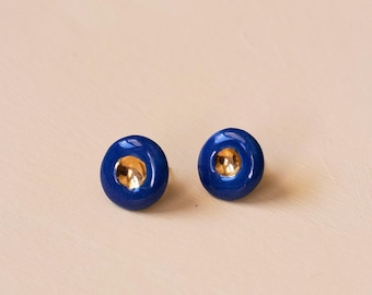 Handmade Blue Porcelain Earrings, Gold Studs, Modern Gift